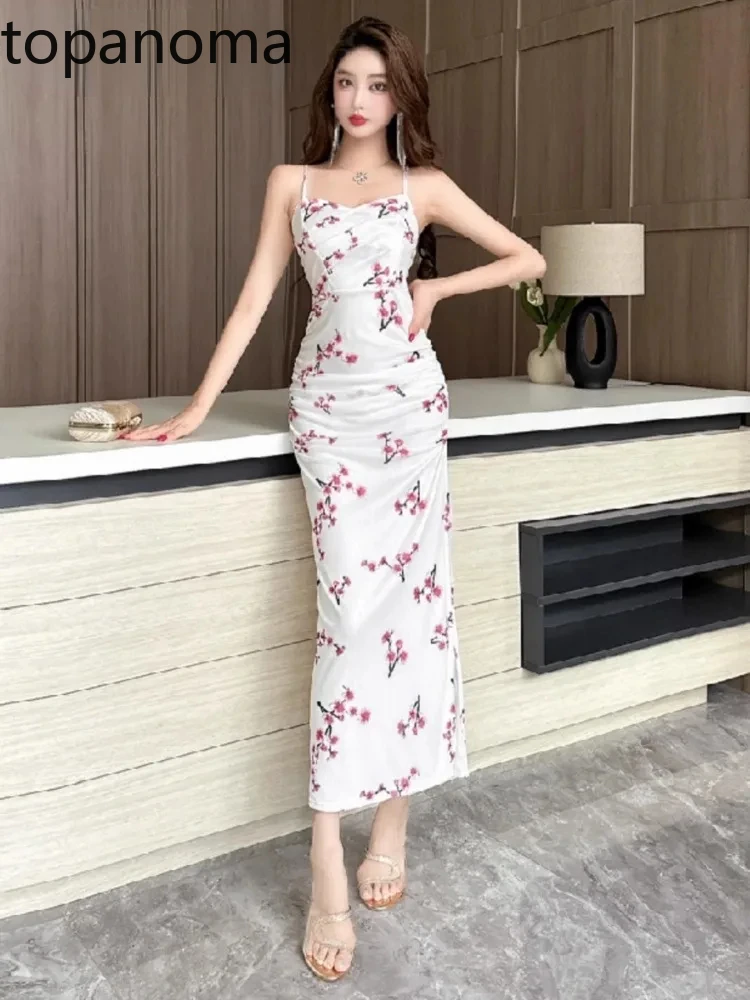 Topanoma Temperament Evening Dresses Women Wedding Party Floral Printed Sexy Slash Neck Split Sleeveless Cocktail Banquet Dress