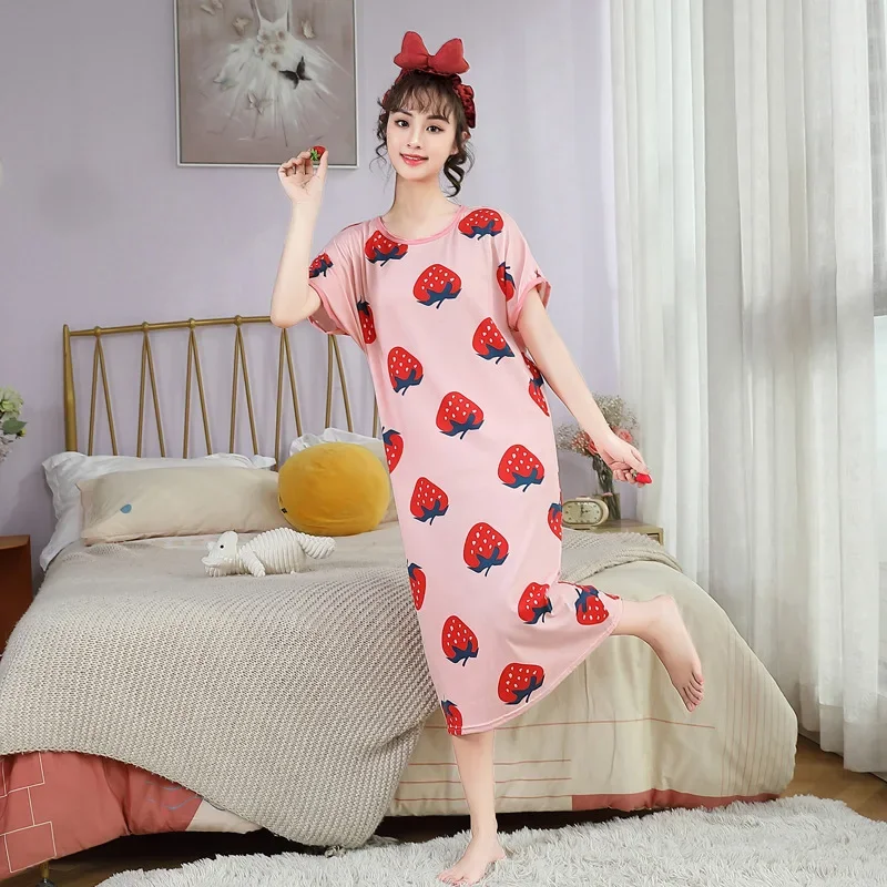 Sleep Dress For Women Summer Female Sleepwear Cute Print Long Nightgown Cartoon Pajama Casual Sleepshirt Elastic Lady Clothing