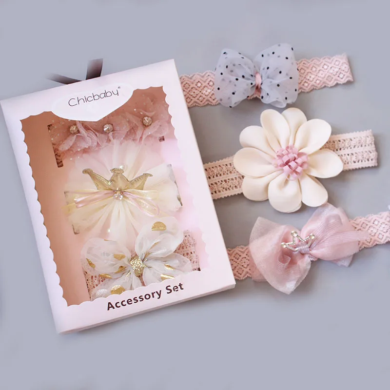 

Baby Girl Headband Set Chiffon Flower Crown Polka Dot Bow Lace Elastic Newborn Hair Headwear Accessory Gift Box A0039