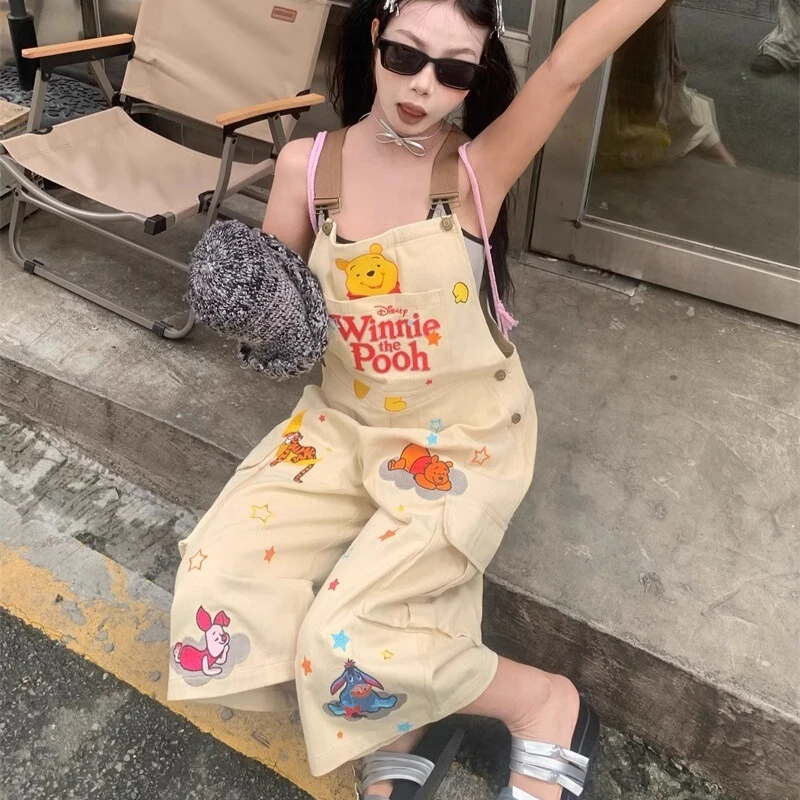 Original New Women's Jumpsuit 2025 Summer Cartoon Embroidered Tooling Overalls Retro Heavy Industry Casual Cropped Pants Ladies