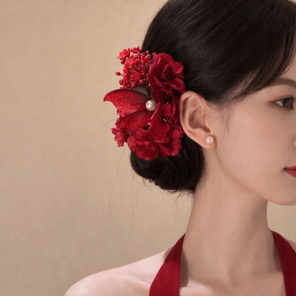 

Fresh Butterfly Hanfu Hair Accessories Ancient Style Headdress Chinese Style Hair Clip Headpieces Red Flower Hairpin Party