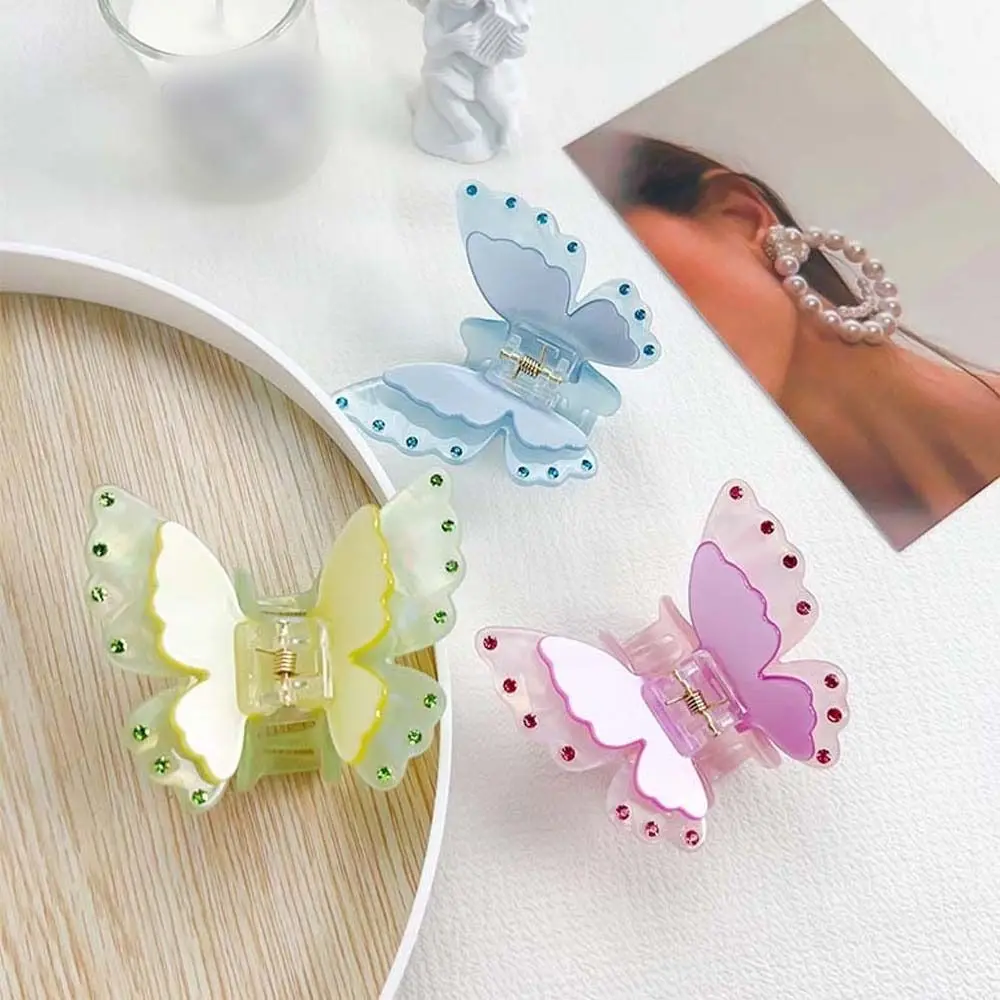 Korean Style Butterfly Hair Claw Animals Butterfly Acrylic Butterfly Hairpin Rhinestone Graduated Color Butterfly Hair Clip