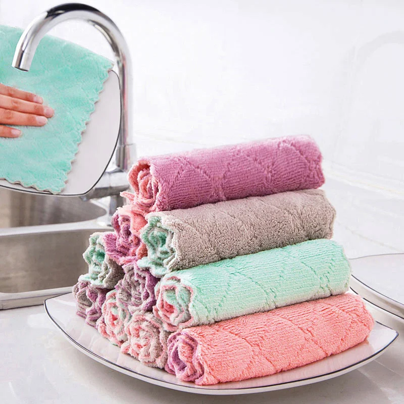 Kitchen Microfiber Towels Double Sided Absorbent Cleaning Cloth Non-stick Oil Dish Rags Scouring Pad Home Cleaning Cloths Rags