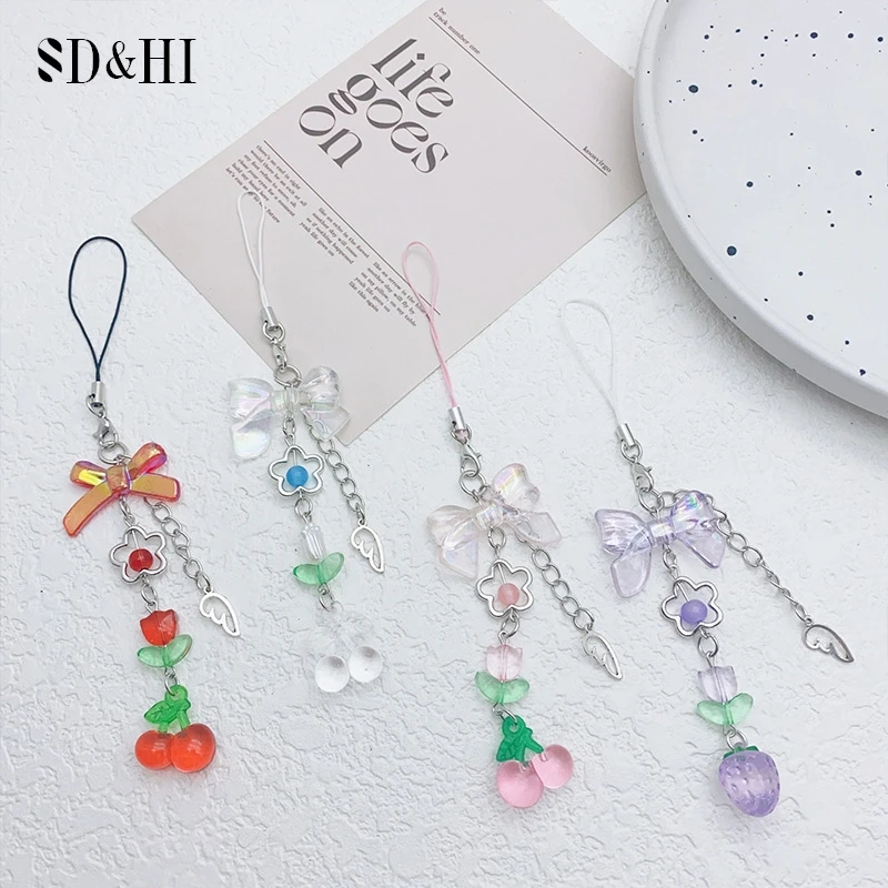 Fruit Bow Star Cherry Strawberry Beads Keychain Pendant Keyring For Women Girls Cute Backpack Decoration Accessories Gifts