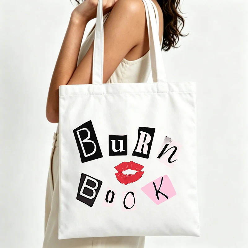 letter and lip print canvas tote bag, typography graphic for casual daily use and shopping outings