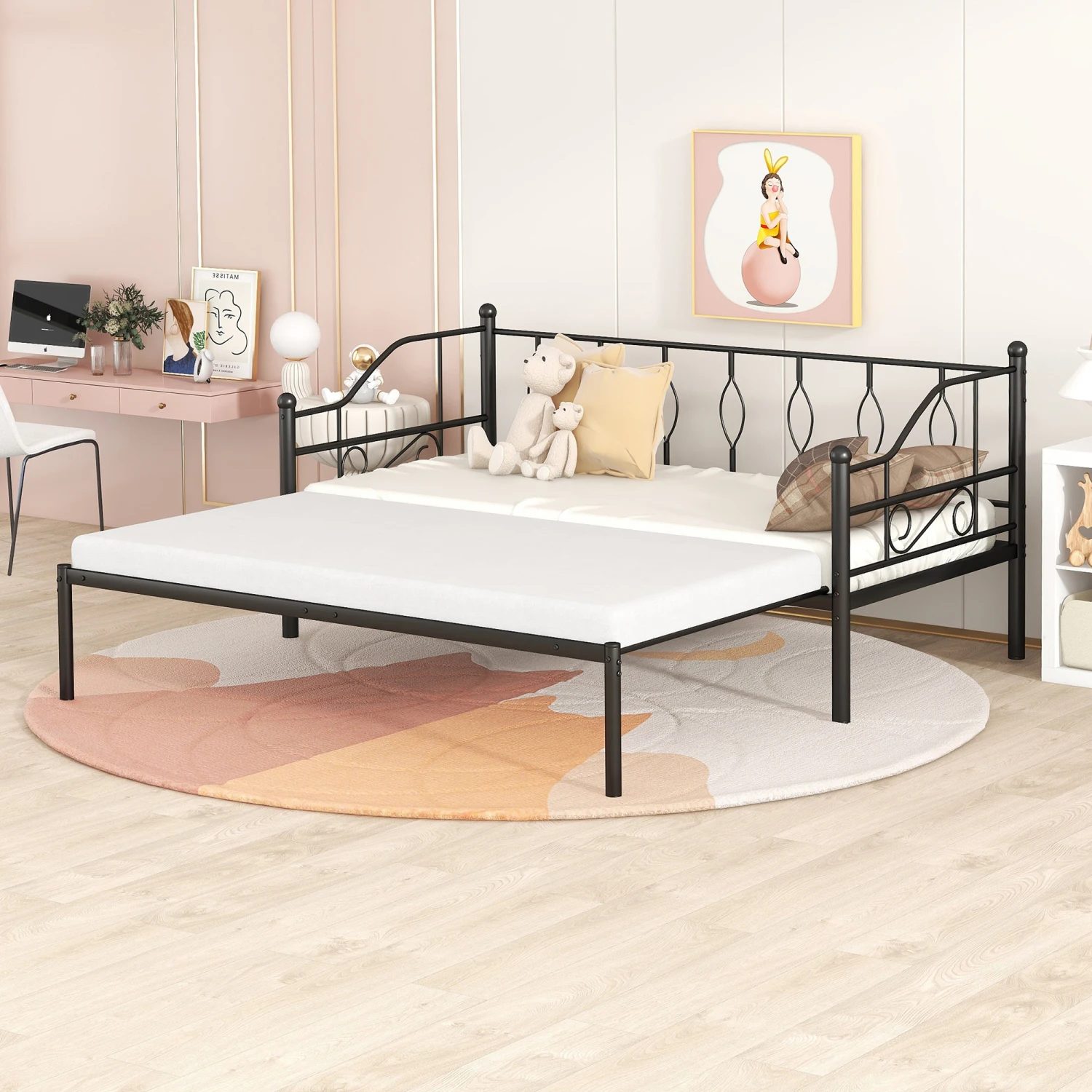 Twin Metal Daybed with Trundle, Slat Daybed - Black Color