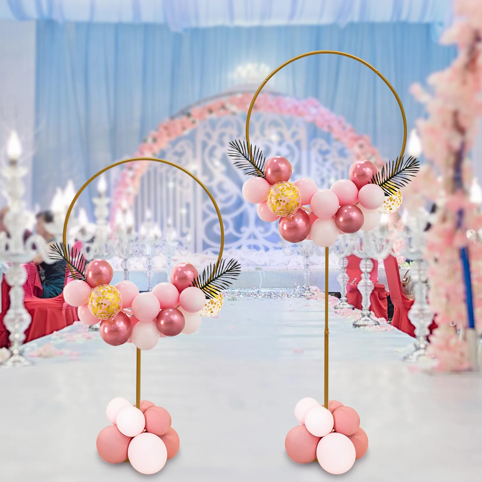 2pcs Round Balloon Arch Frame Stand Golden Metal Circle Balloon Arch Balloon Column Stand Kit for Floor Wedding Birthday Party