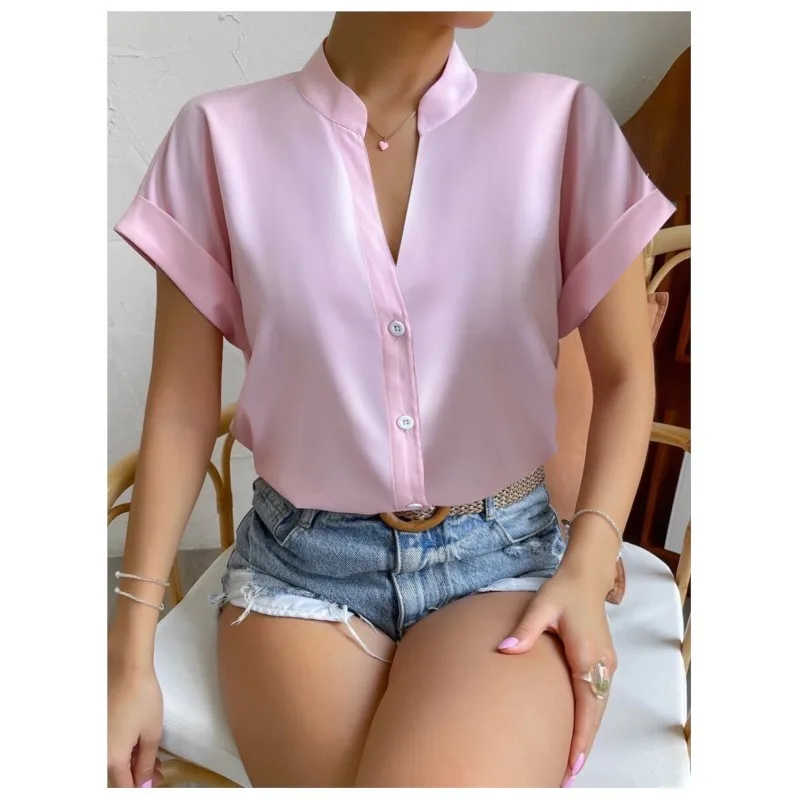 Pulôver feminino de manga curta com decote v, camisa casual de cor sólida feminina, blusa de botão senhora do escritório, tops de verão, novo, 2021