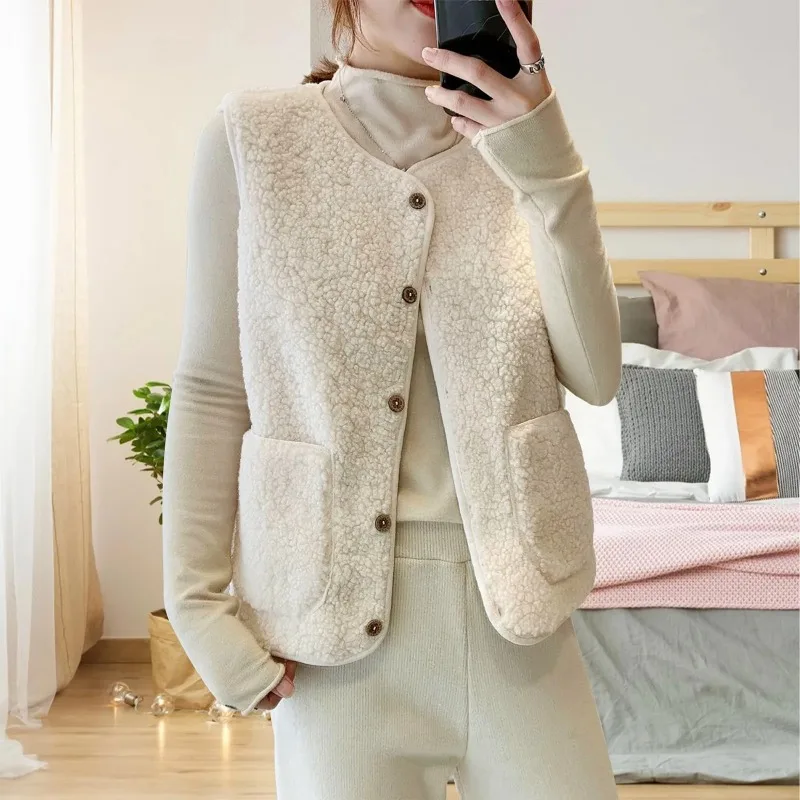 

Women Lamb Fleece Vests Autumn Winter Round Collar Sleeveless Coats Female Chic Button Waistcoat Solid Color Lady Warm Outerwear