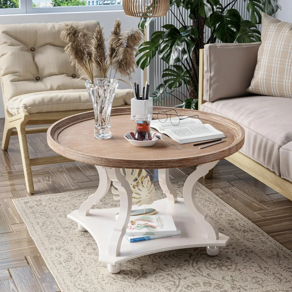 

Round Farmhouse Coffee Table with Handmade Finish, Wood Tray Top Rustic Coffee Table for Added Thickness, Accent Table wi