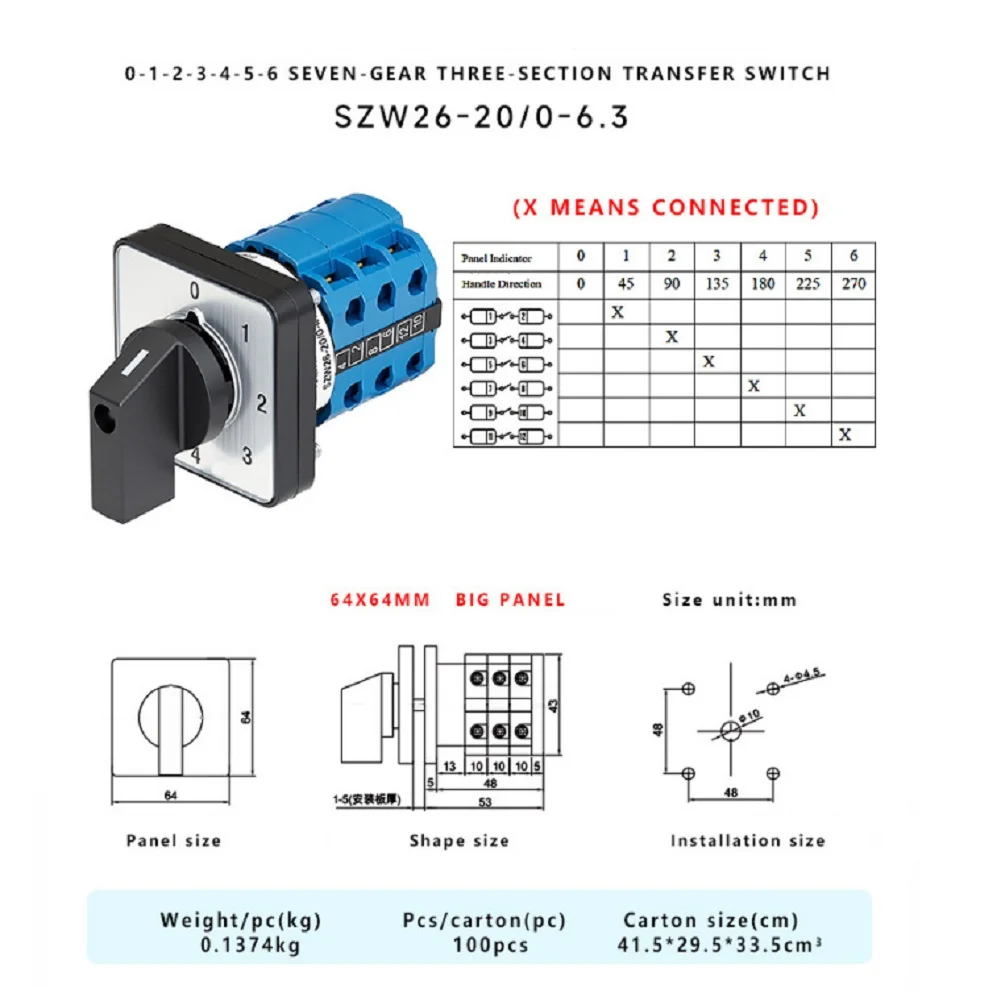 Electrical Rotary Changeover Switch 64x64mm 20A 7 Gear Positions 3 Terminal Sections for Panel Mount Applications