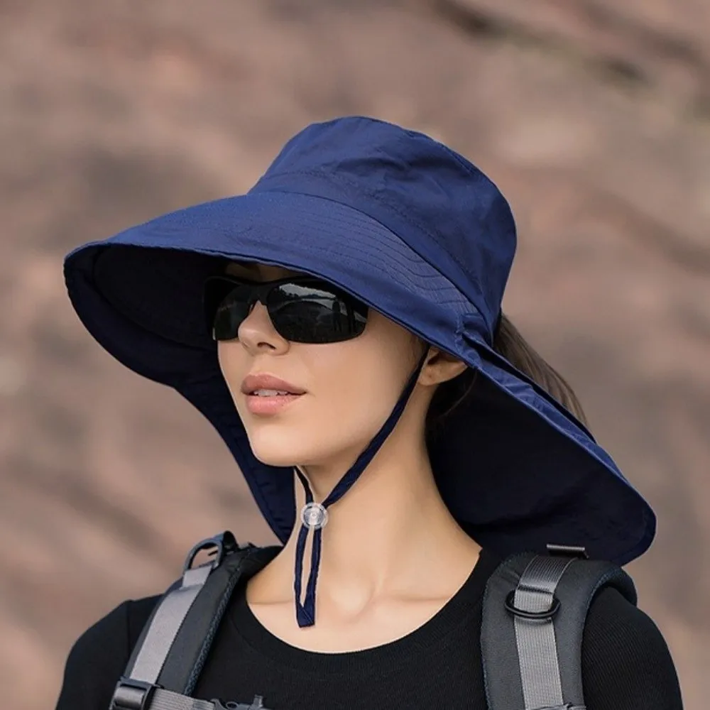 

Solid Color Wide Brim Sun Hat Korean Style with Neck Cover Sun Protection Hat Adjustable Neck Protection Women Bucket Hat Ladies