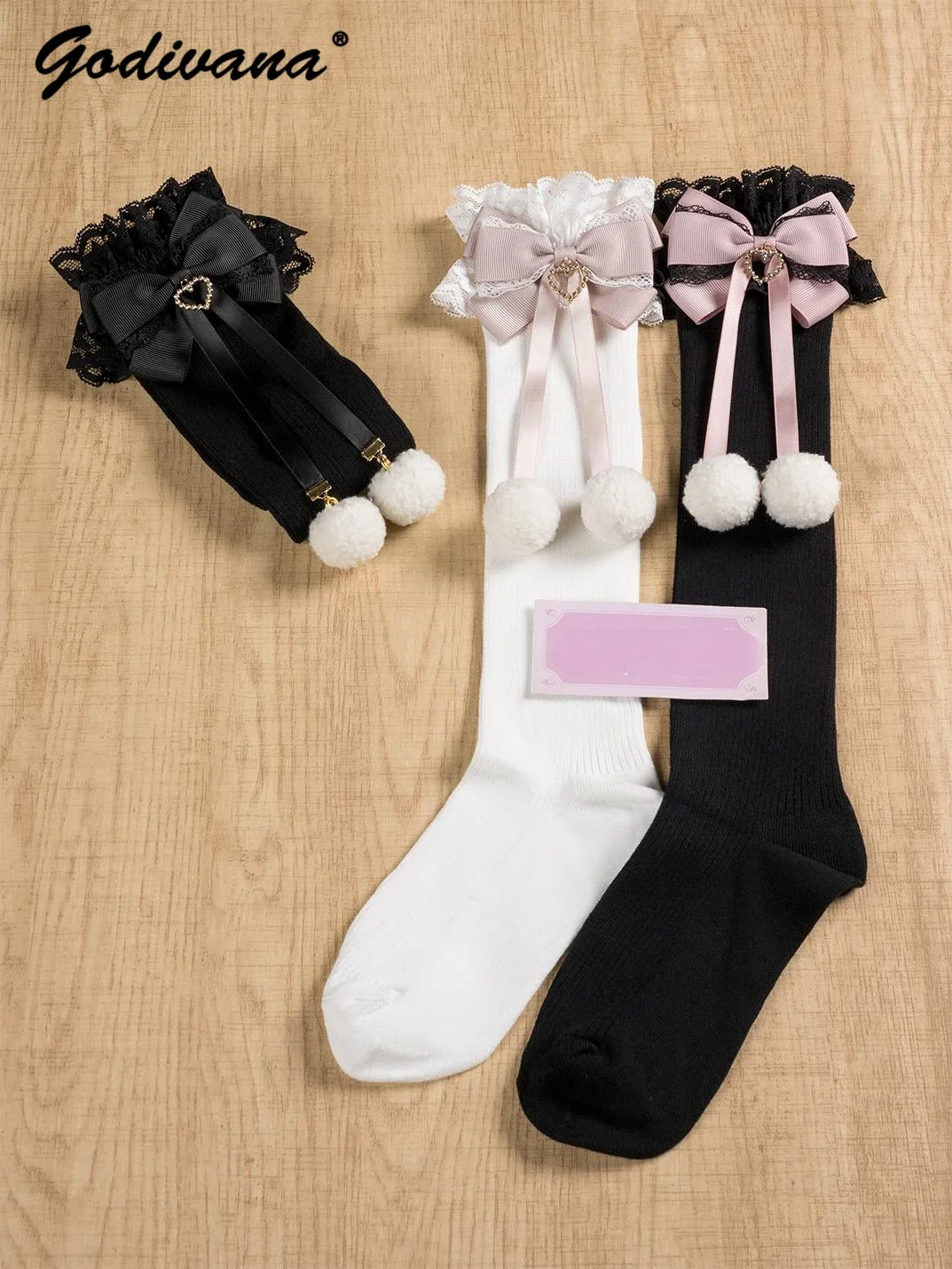 Japanese Mine Series Women's Long Tube Socks New Autumn Winter Cute Hairball Bow Calf-length Socks Lolita Girls JK Knee Socks