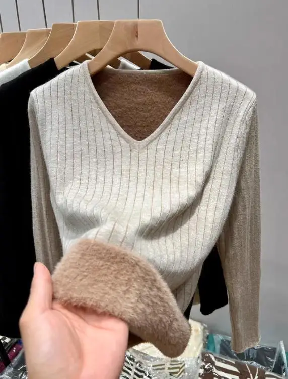 

Women's Clothing 2025 Autumn and Winter Casual Style Plush V-Neck Long Sleeved T-Shirt Sweater Simple and Casual Plush Sweater
