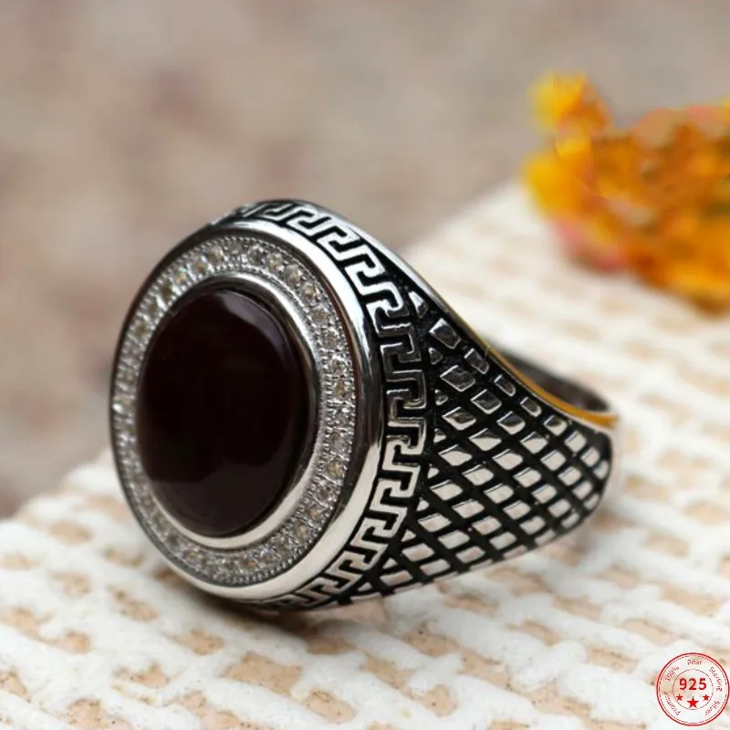 S925 Sterling Silver Rings for Men 2023 New Men's Fashion Zircon Black Agate Pure Argentum Middle East Jewelry