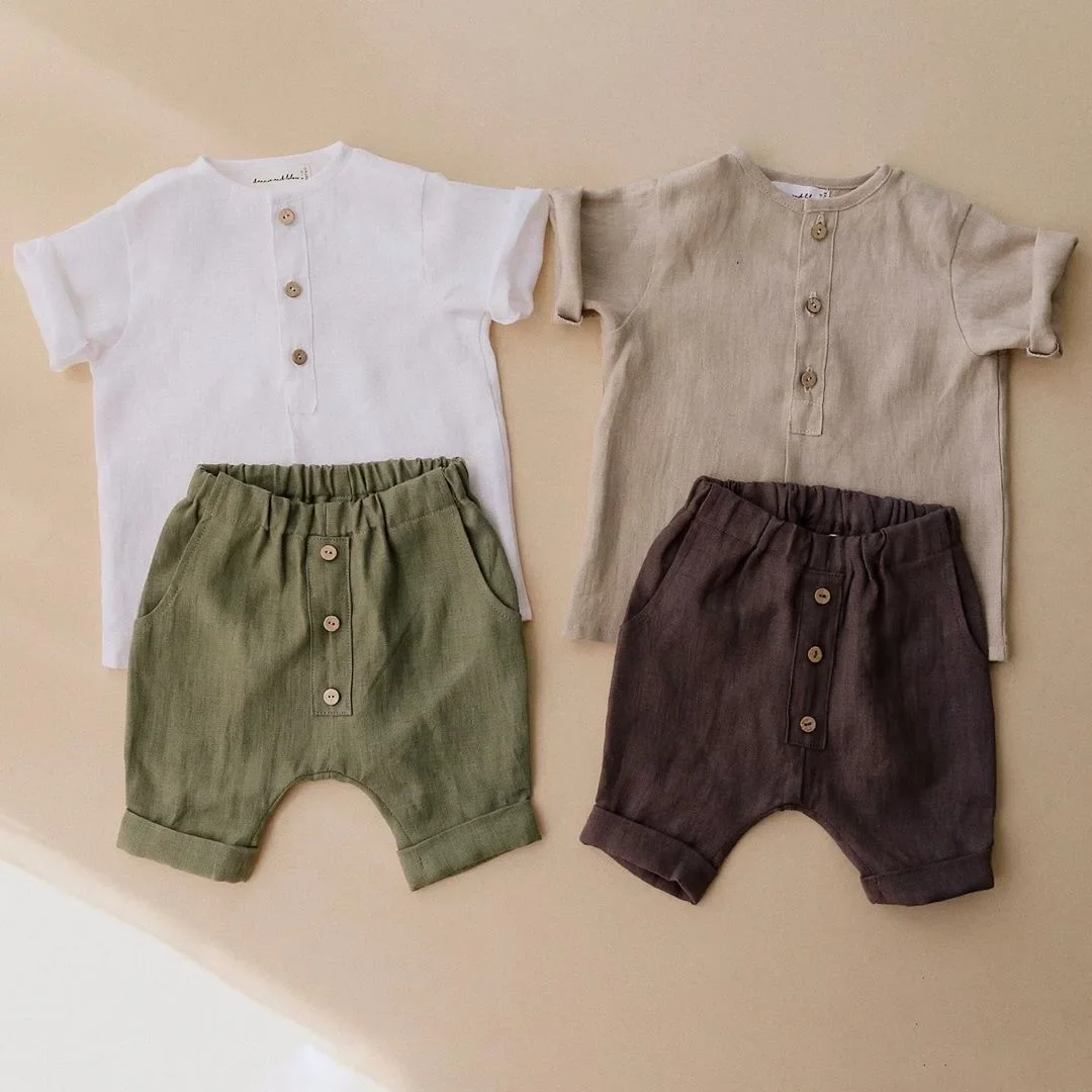 Summer Children Suits Toddler Boys Shirt and Shorts Sets Solid Linen Cotton Two Pieces Sets for Kids