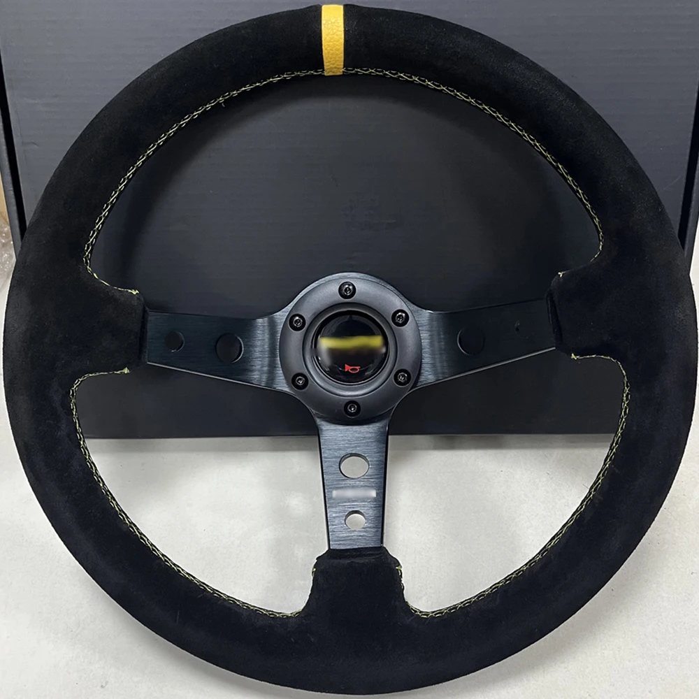 MOMO 340mm 14\' Suede Leather Deep Cone 90mm silver  Stitch&Button yellow Stitch&Button Sport Steering Wheel