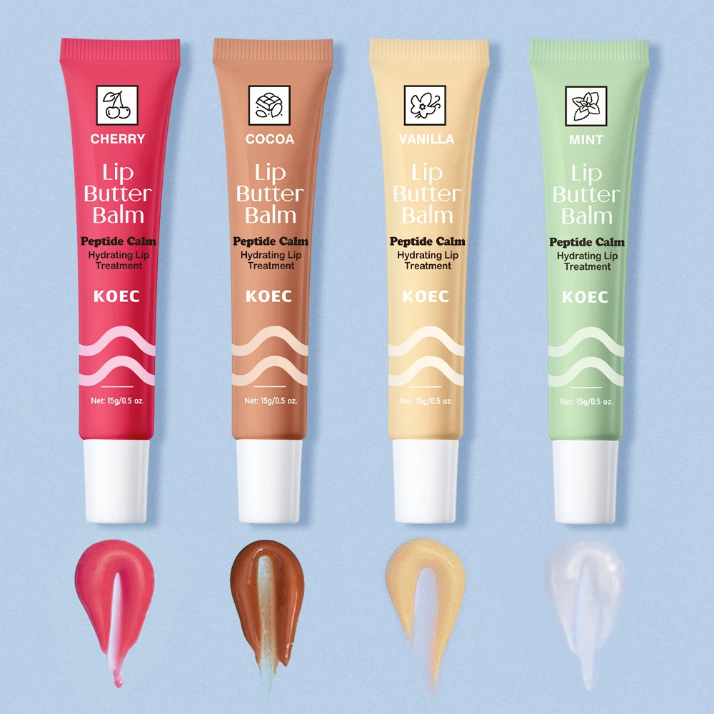 Juego de brillo de labios de cuatro sabores: bálsamo de mantequilla de labios tranquilo peptídico (cereza/menta/cacao/vainilla), mantequilla para reparación de labios secos, húmedo no pegajoso
