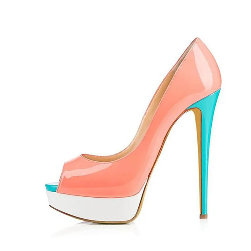 

Spring Ladies Mixed Color Patent Leather Patchwork Pumps Women Peep toe Platform Stiletto Heels Party High Heels Mujer Zapatos