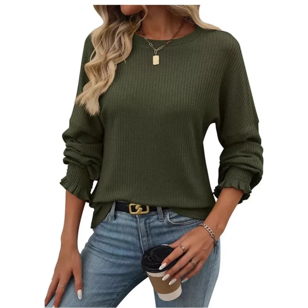 Casual Solid Color Round Neck Long Sleeve Loose T-shirt For Women Simple Style All-match Commuting Casual Trendy Comfortable