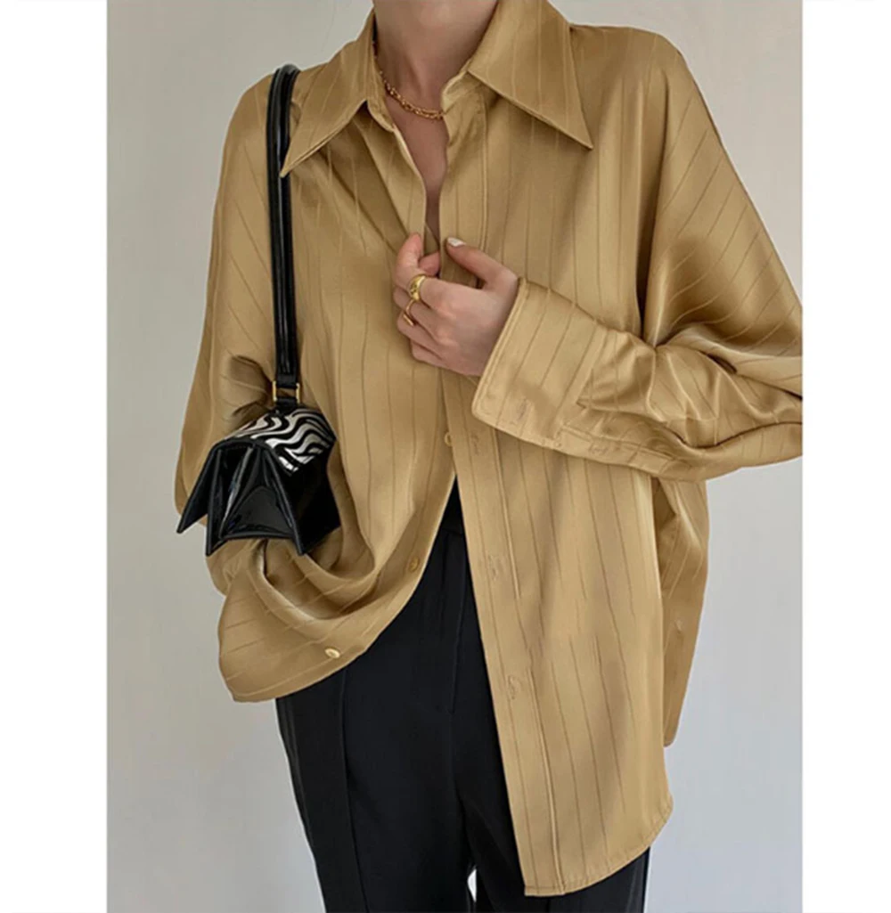 Frauen hochwertige Satin Shirt Frühling Herbst solide lässige Streifen Revers faulen Stil Büro Dame Top glatt elegant locker Hemd