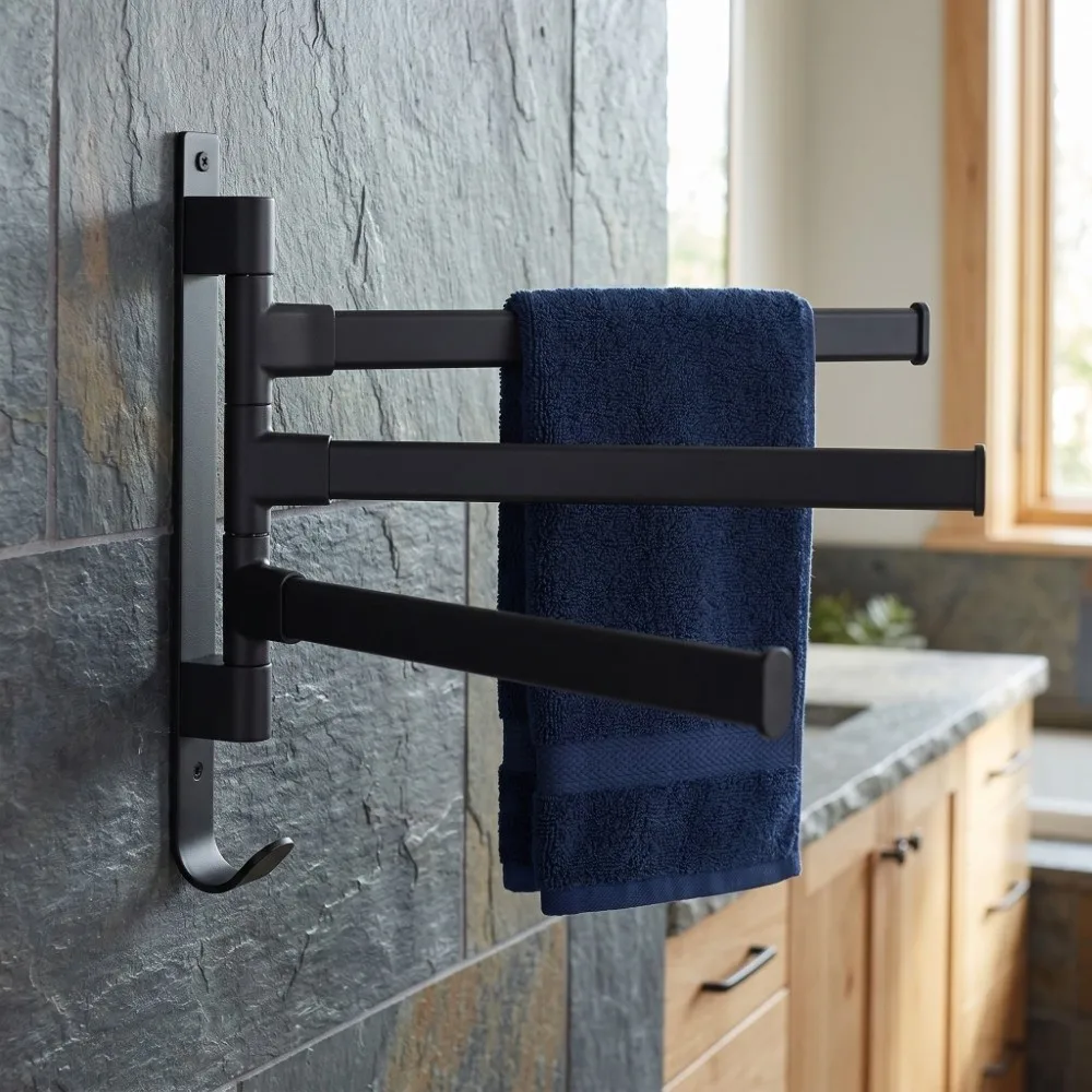 

Practical Aluminum Swivel Towel Bar Black Rustproof Towel Holder Wall Mounted Thicken Design Swivel Towel Rack Space Saving