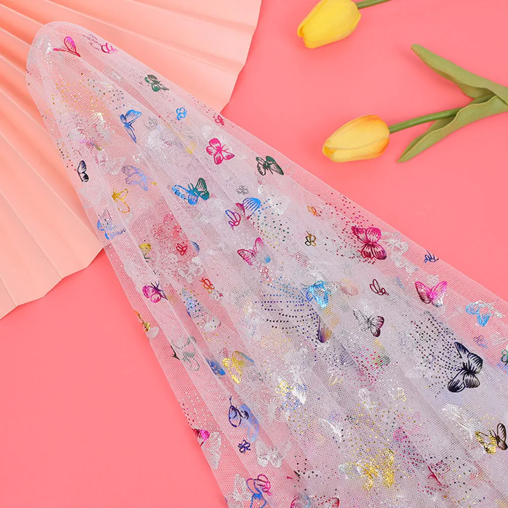 Gradient Rainbow Butterfly Printed Tulle Mesh 59x39in Glitter Bronzing Fabric for Bridal Gowns Party Decor & DIY Sewing Projects