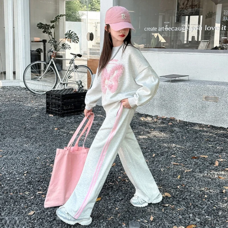 2025 Autumn Spring New 6 8 10 12 14 16 Years Teenager Outfits Kids Butterfly Sweatshirt+Wide Leg Pants Two Pieces Kids Girls Set