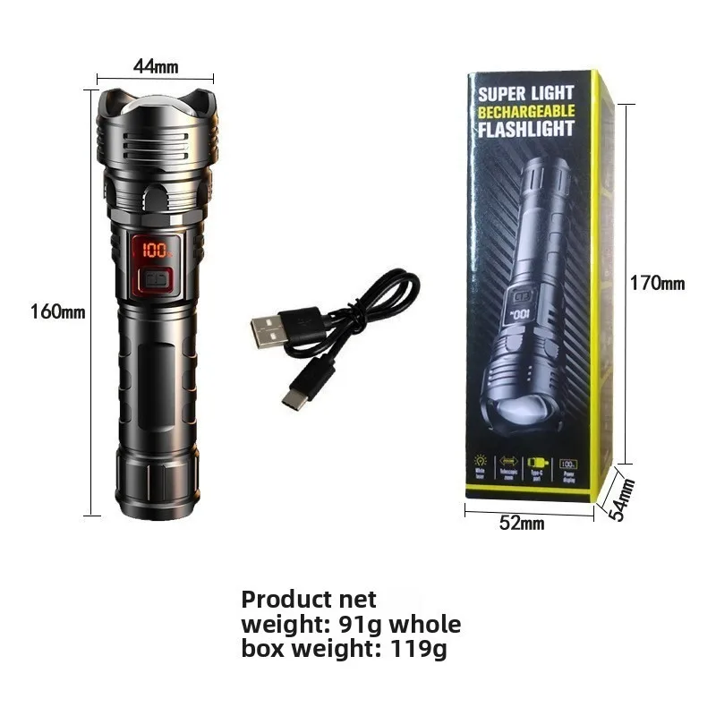 White Laser Flashlight, Strong Light, Rechargeable, Digital Power Display, Telescopic Zoom, Searchlight, Long - endurance