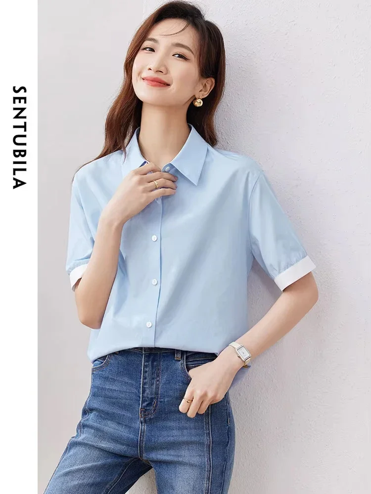 

SENTUBILA Blue Basic Summer Shirts Women 2025 Turn Down Collar Patchwork Short Sleeve Straight Elegant Fashion Shirts & Blouses