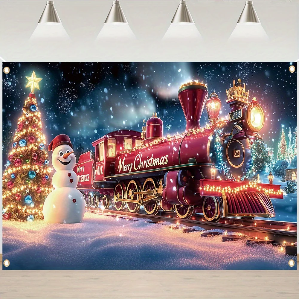 tapestry Merry Christmas Train - Festive Red & White Snowy Landscape with Decorated Tree, Durable Polyester Backdrop