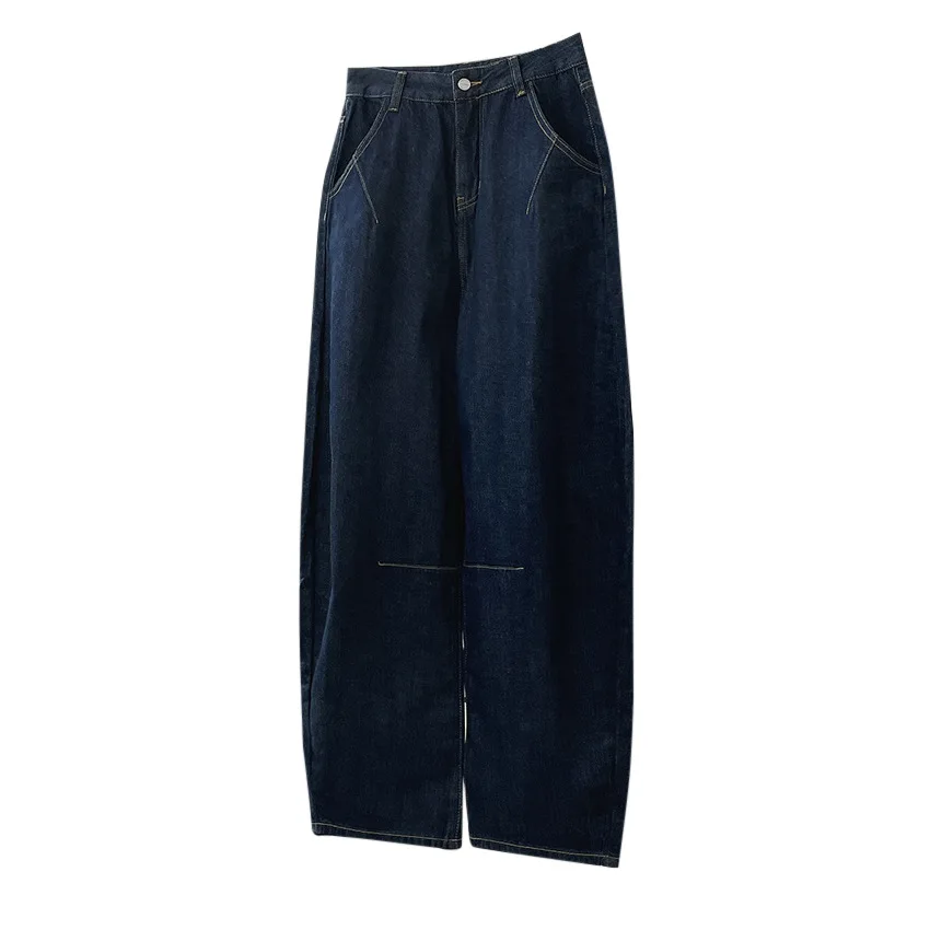 Damskie jeansy na jesień i zimę 2025, w stylu vintage, z wysokim stanem, szerokimi nogawkami, ocieplane, ciepłe, luźne, codzienne, ciemnoniebieskie spodnie.