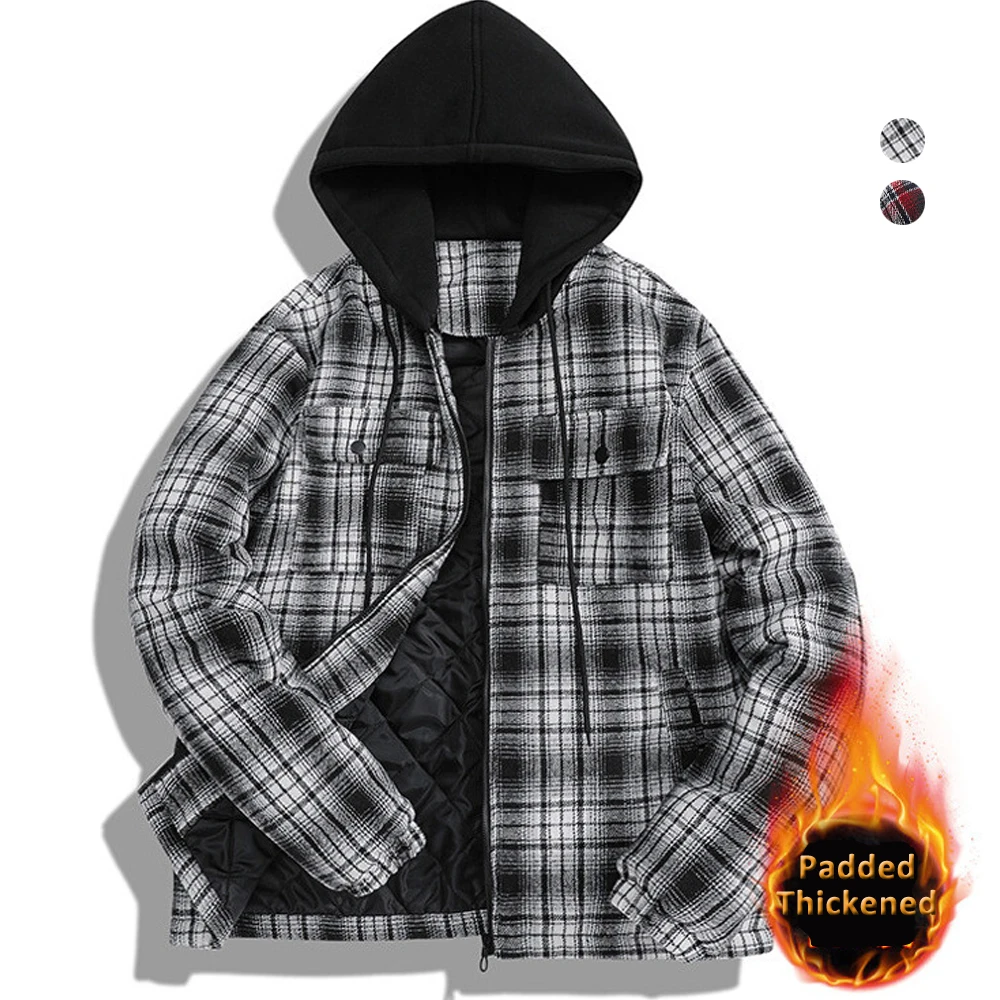 

Plaid Hoody Men Padded Jacket 2022 New Autumn and Winter Thickened Warm Hooded Coat y2k Loose Top Casual Loose Streetwear Parkas