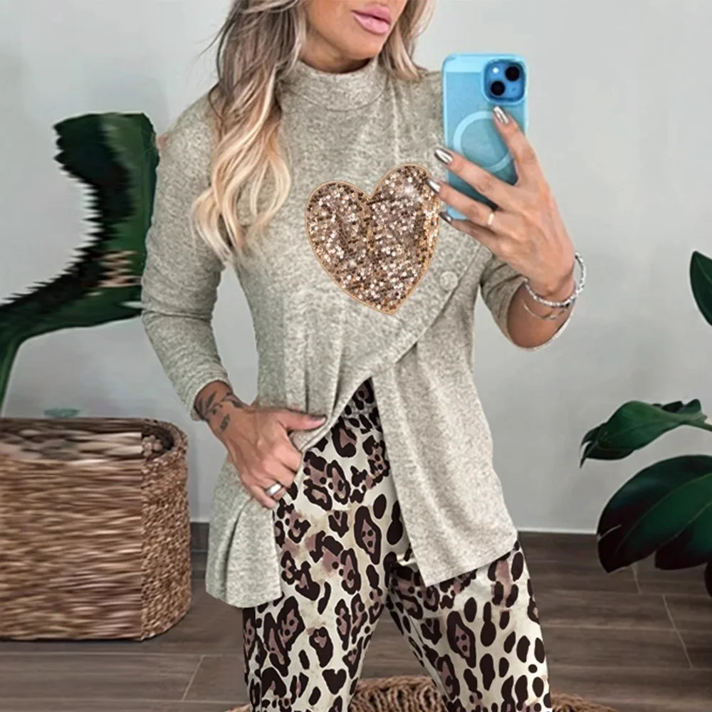 Women 2 Piece Heart Pattern Contrast Sequin Mock Neck Long Sleeve Slit Top Leopard Print High Waist Cuffed Pants Lounge Sets