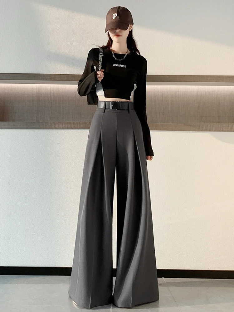 Geavanceerde pakbroek dames in de herfst, losse hoge taille en hangende sensatie, verlengde vloerlengte, casual broek met wijde pijpen