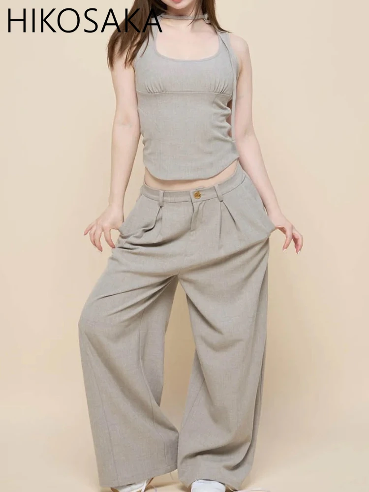 

Japanese Chic Casual Two Piece Sets Sleeveless Lace Up Tank Top +high Waist Straight Wide Leg Pants Safari Style Women Suit