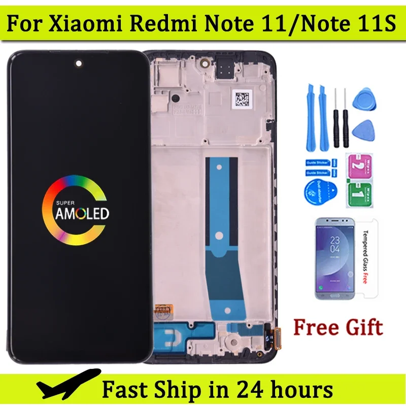 Para Xiaomi Redmi Note 11 Pantalla LCD Note 11 2201117 Digitalizador de cristal táctil de pantalla TG para Redmi Note 11S LCD con marco