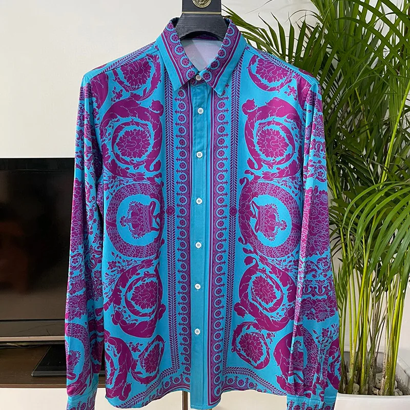 Popular Men's New Bohemian Print Casual slim official-website European Version of  Iron-free Loose Long-sleeved flower shirt men