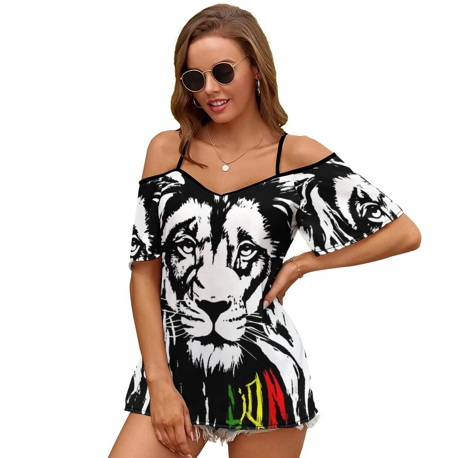 Lion Tuff Lion Head Sexy And Club Fashion Female T-Shirt Short Sleeve Off Shoulder Lady T Shirts Lion Tuff Lion Head Lion Tuff