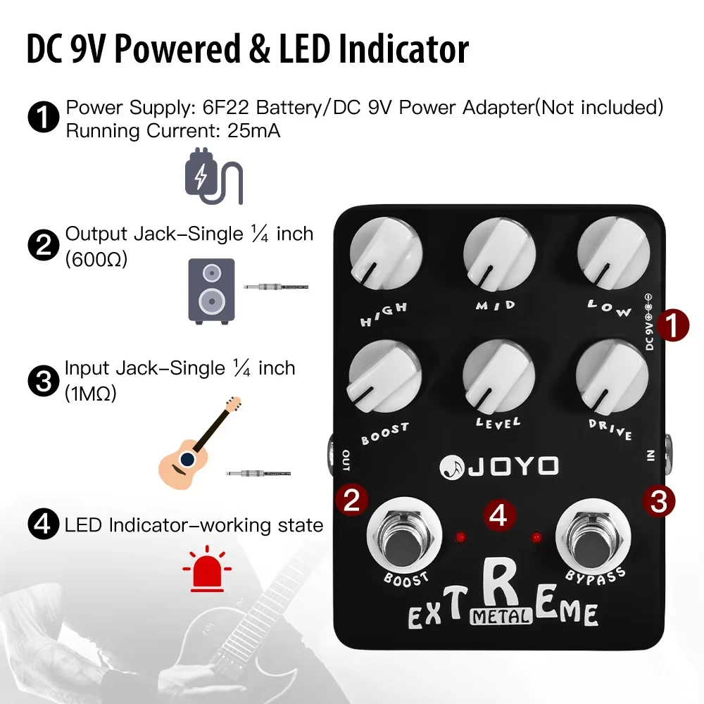 JOYO JF-17 Extreme Metal Distortion Gitaareffectpedaal met 3-bands EQ en Sweep Mid-Freq-knop Bereik Metal Rock Punk-geluiden