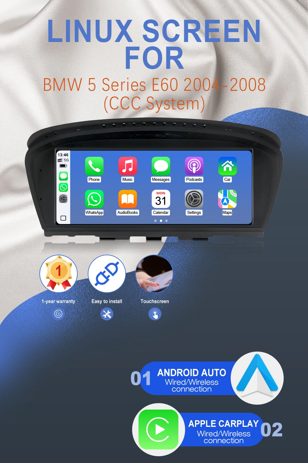 CarPlay Multimedia 8,8' Touchscreen für BMW 3/5er Serie E60 E61 E62 E90 E91 E92 2004-2008 CCC-System Zentralsteuerung Bildschirm DVD-Radio-Player Android Auto Airplay DSP Bluetooth Linux-System – Detail 2