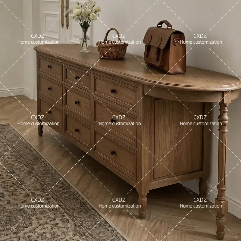 American Retro Solid Wood Dining Side Cabinet Living Room Multi Functional Drawer Storage Unit Medieval Log Color Locker for