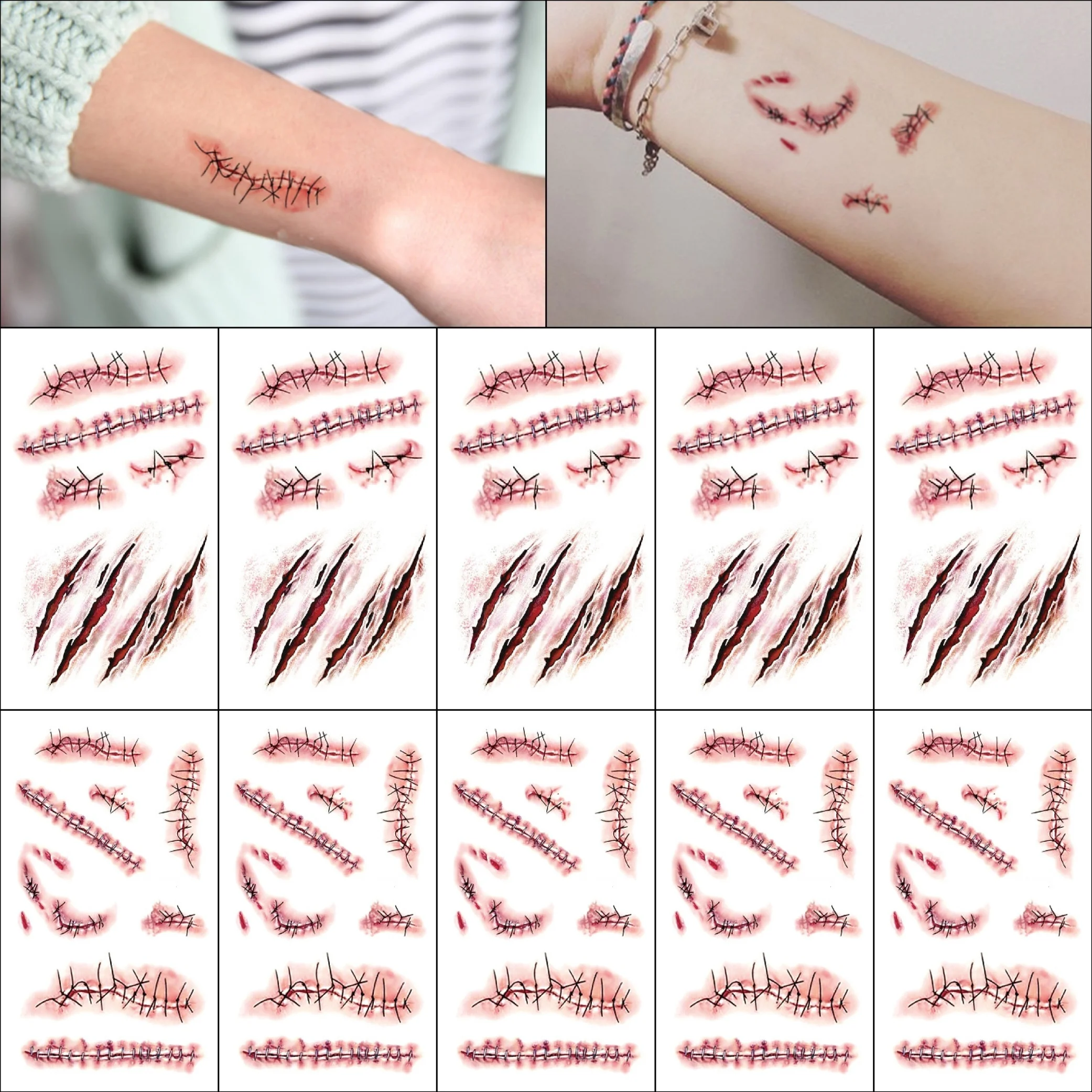 

10 Sheets Halloween Terror Wound Temporary Tattoo Waterproof Realistic Blood Tattoos Injury Scar Tattoo Stickers For Face Hands