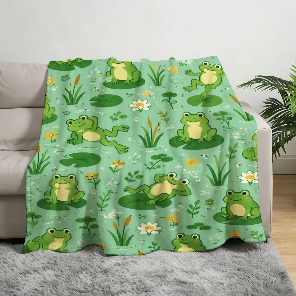 Mint Green Comfortable Plush Blanket, Featuring a Cute Cartoon Frog on a Water Lily Pattern, Suitable for Use on Sofas, Beds, Du