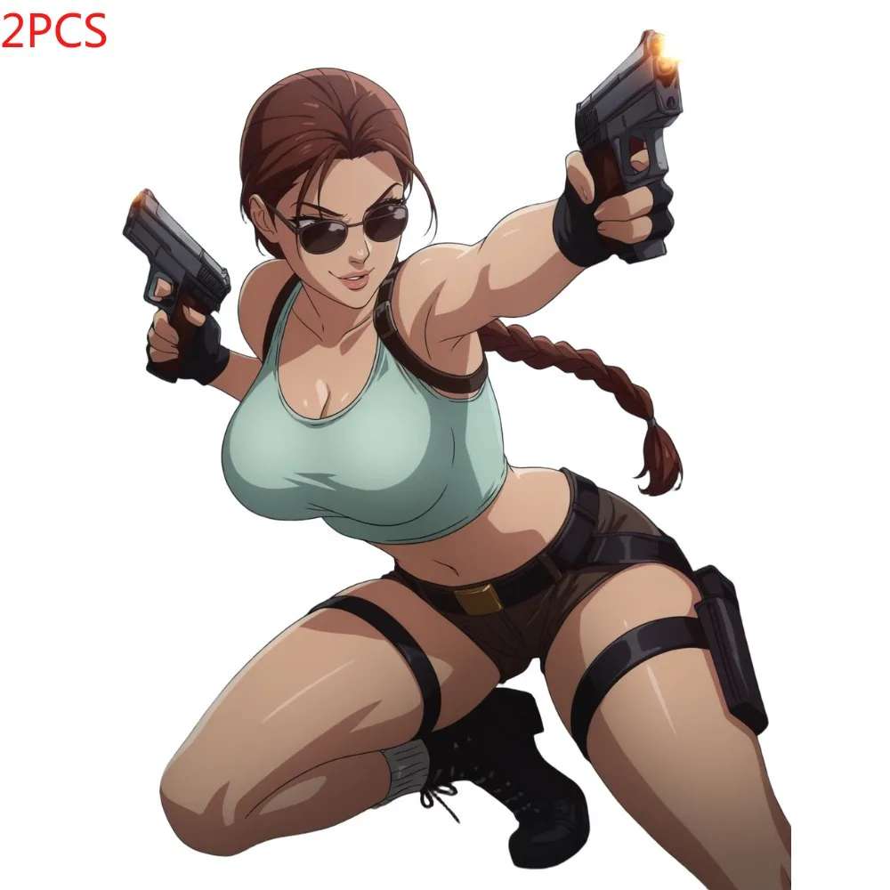 2pcs Lara Croft Action Vinyl Car Decal  Weatherproof Suitable for Cars, Laptops, Phones Windows Fits Irregular Shapes on Glass