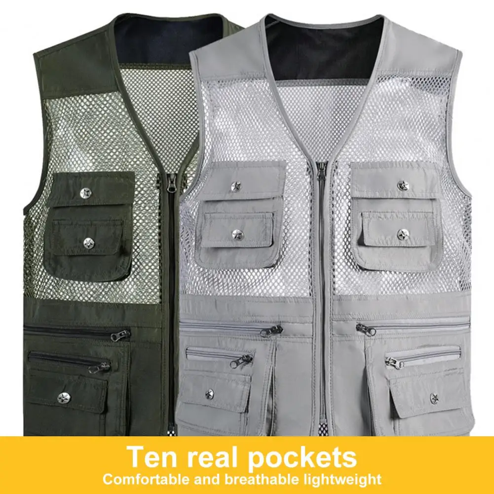 10 Pockets Hollow Mesh Men Vest Outdoor Fishing Waistcoat Breathable Sleeveless Zipper Closure V Neck Fishing Camping Waistcoat