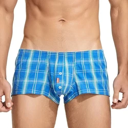 Men's Fashionable Plaid Aro Pants Youth Cotton Breathable Comfy Sports Pantie Sexy Low-rise Bulge Pouch Button Open boxer shorts