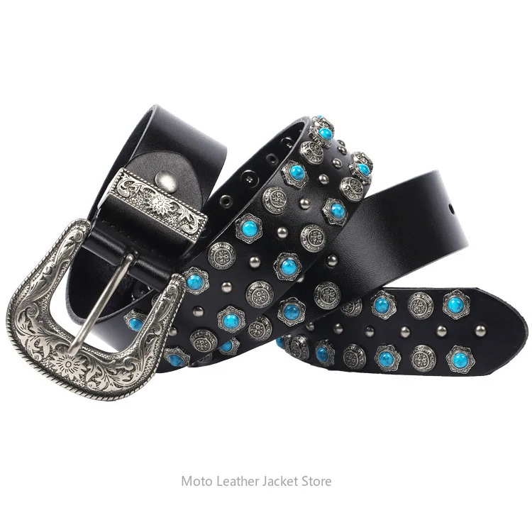Rivet Leather Belt with Simulated Turquoise Inlay, Light Luxury Ethnic Style Women's Belt, Versatile Punk Waistband