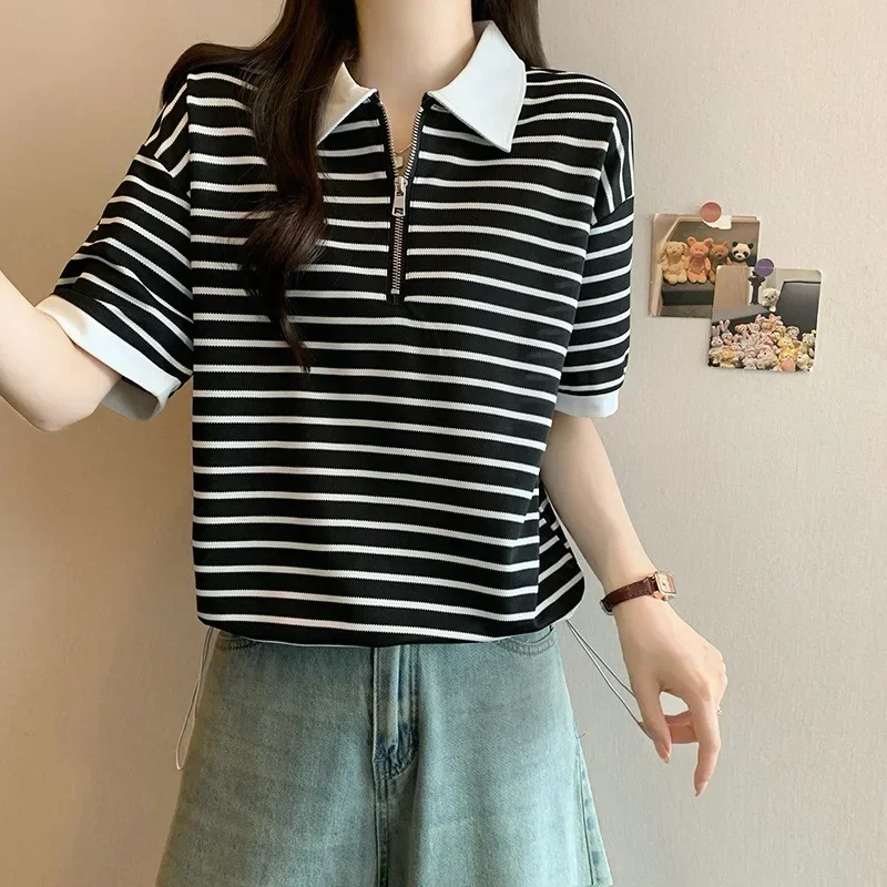 

Pop Women's Striped T-shirt Zipper Polo Collar Breathable Fashionable Summer New Arrival Korean Style Versatile Top Casual Wear