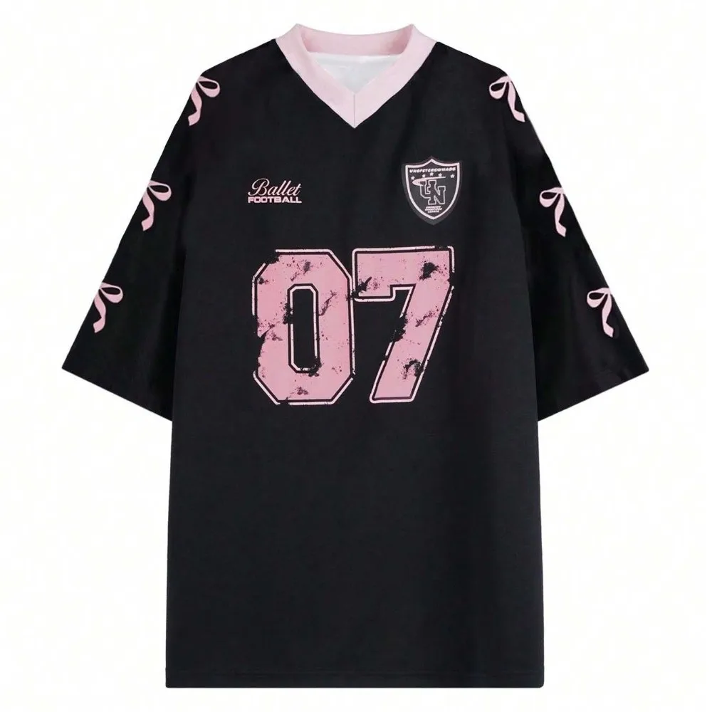 

V-neck Sports Tennis T-shirts Teenagers Adolescent Large Size Female Crop Tops Casual Number Print Bow Letter Shirt